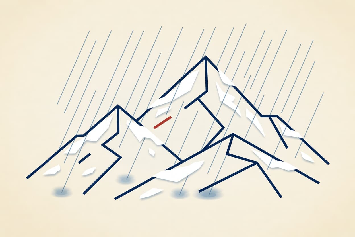 თოვლიანი მთის პეიზაჟი დნობის თოვლით და წვიმის ეფექტებით თბილი განათების ქვეშ