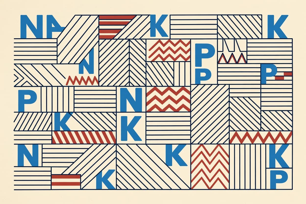 აბსტრაქტული ილუსტრაცია სასოფლო-სამეურნეო მინდვრებისა ქიმიური სიმბოლოებითა და გაფრთხილების ნიმუშებით